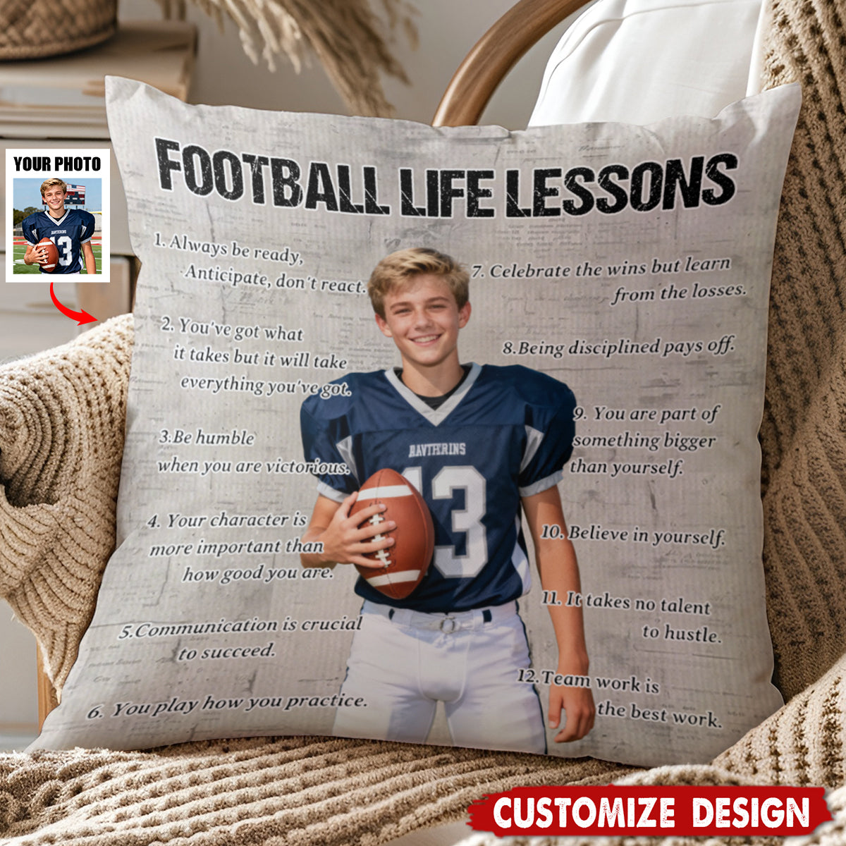 Personalized Football Life Lessons Upload Photo Pillow-Gift For Football Lovers