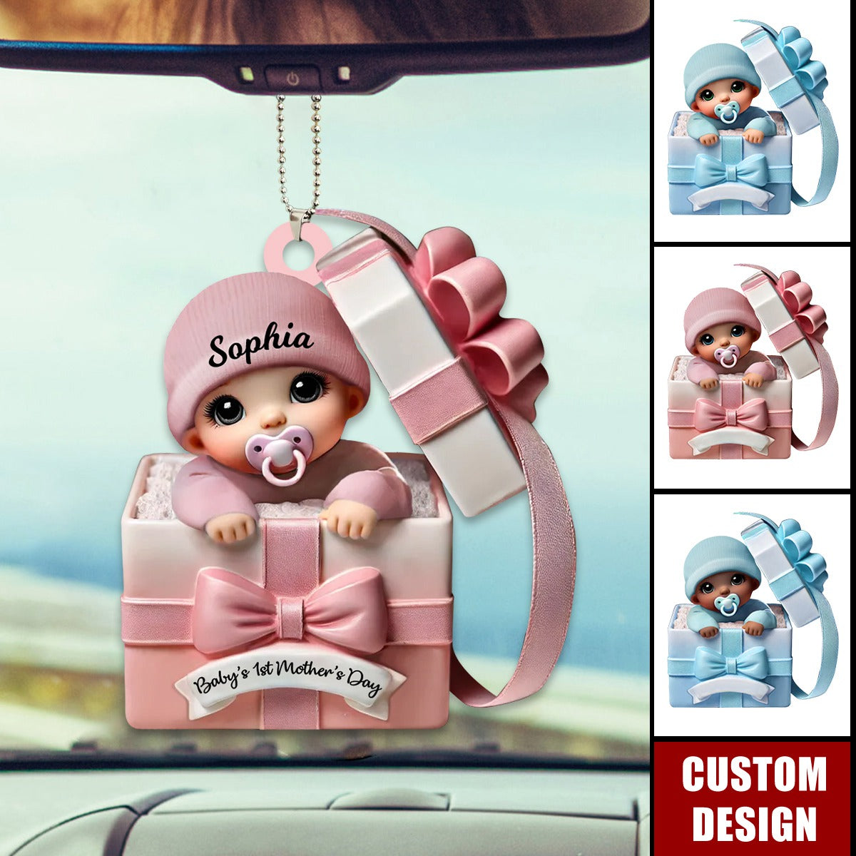 Baby Inside Gift Box Personalized Acrylic Car Ornament - Baby's First Mother's Day Gift