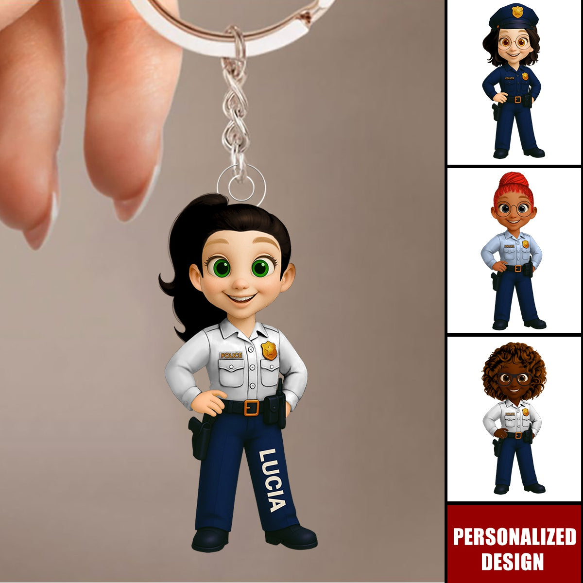 Personalized Woman Police Officer Cartoon Character Keychain-Gift For Law Enforcement
