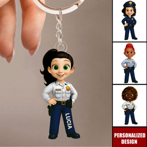 Personalized Woman Police Officer Cartoon Character Keychain-Gift For Law Enforcement