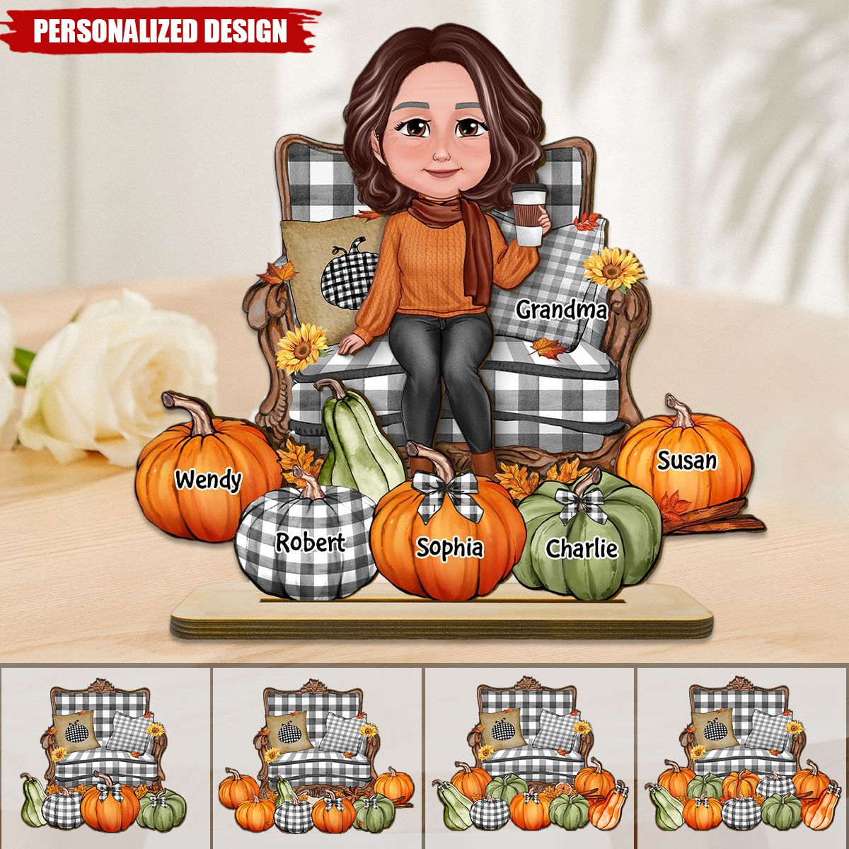 Sitting On Chair Pumpkins Personalized 2-Layer Wooden Plaque, Fall Season Decor, Gift For Grandma