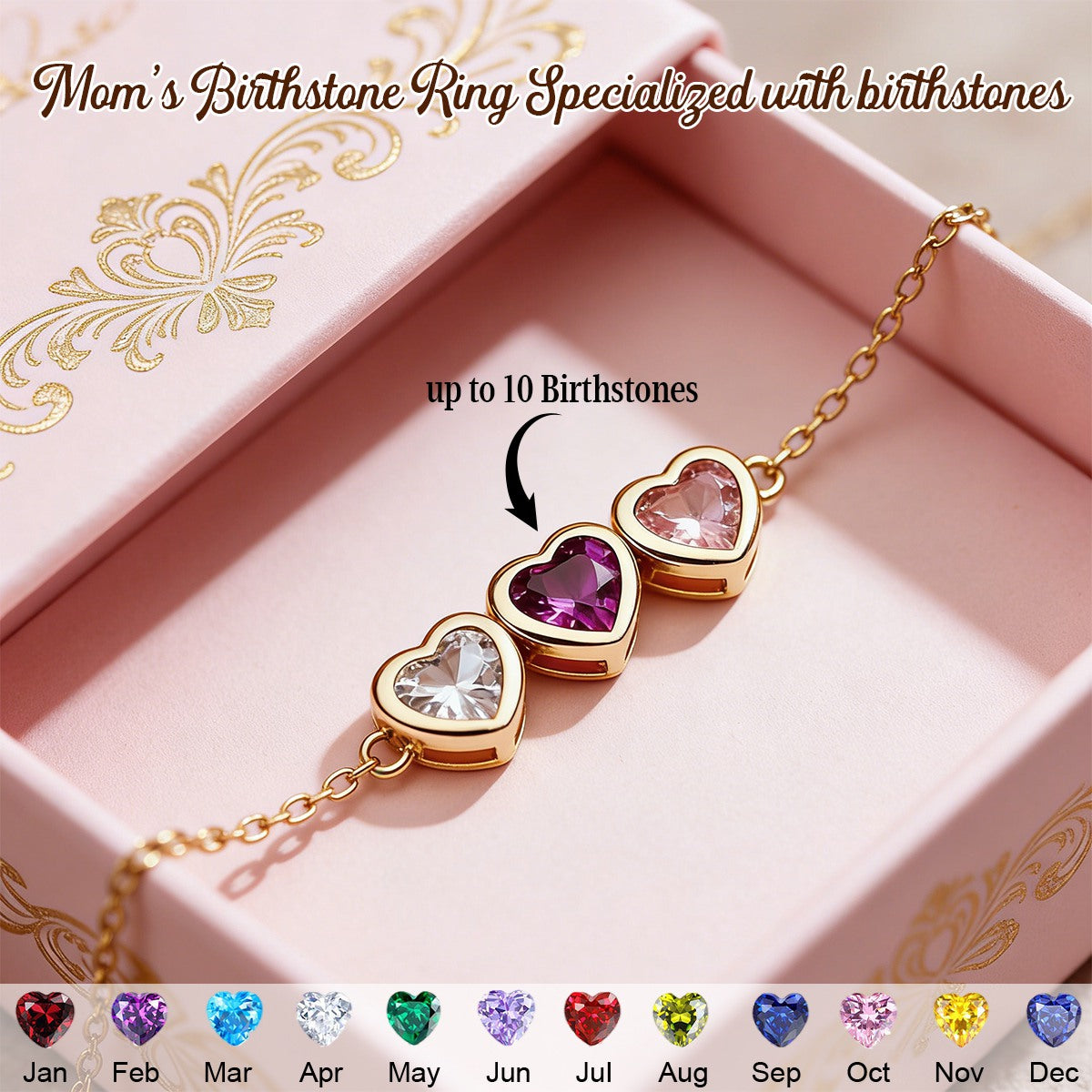 Personalised Heart Birthstone Bracelet, Birthday Gift for Mom, Mothers Day Gift for Her