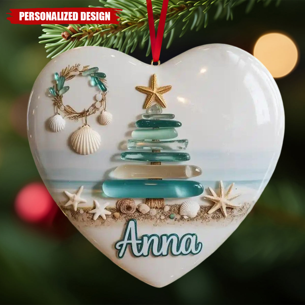 Personalized Coastal Sea Glass Ceramic Christmas Tree Ornaments