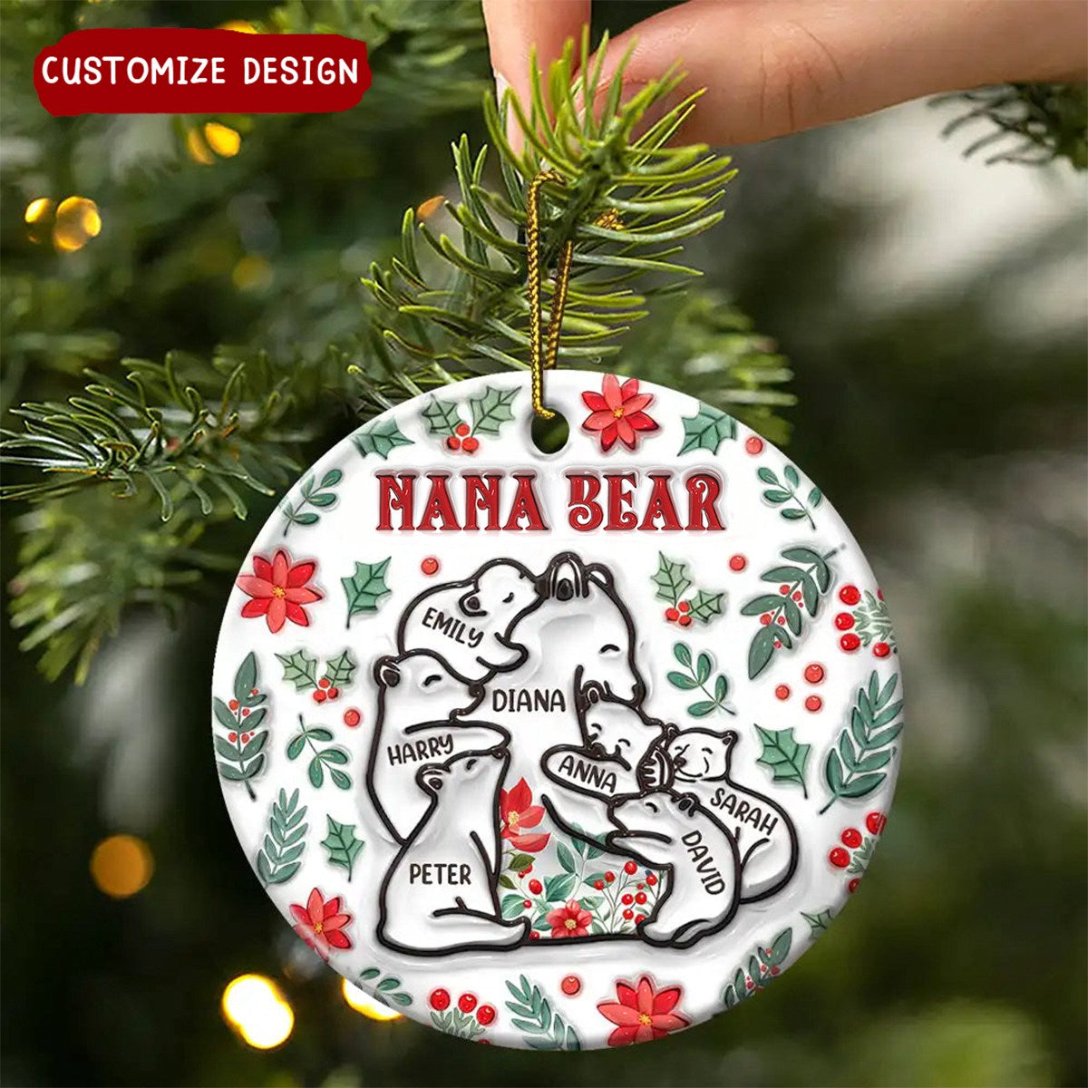 2024 New Release - Christmas Mama Bear - 3D Inflated Effect Printed Ornament, Personalized Circle Ceramic Ornament