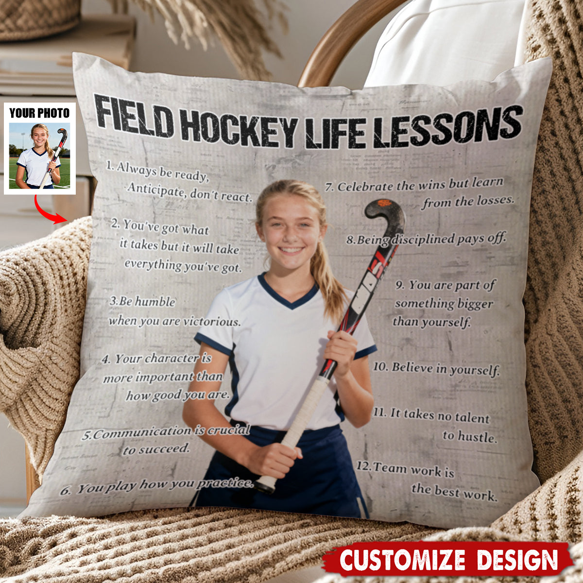 Personalized Field Hockey Life Lessons Upload Photo Pillow-Gift For Field Hockey Lovers