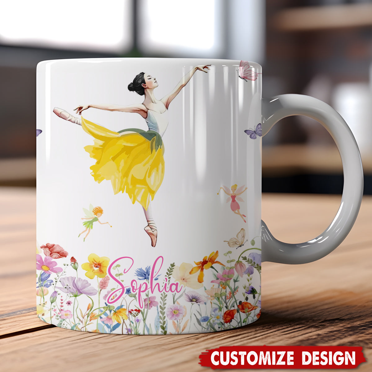 Personalized Birth Flower Butterfly Ballet Girl Coffee Mug