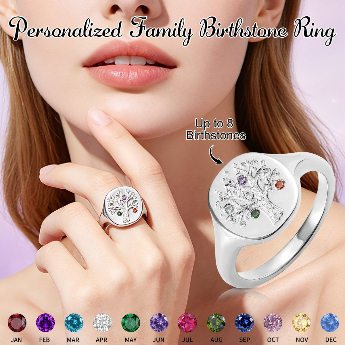 Personalized 1-8 Birthstone Family Tree Ring-Birthday Mother's Day Gift for Mom Grandma