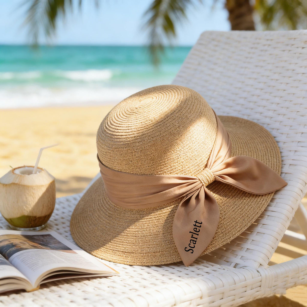 Personalized Straw Sun Hat with Embroidered Ribbon - Gift For Daughter, Mom, Grandma