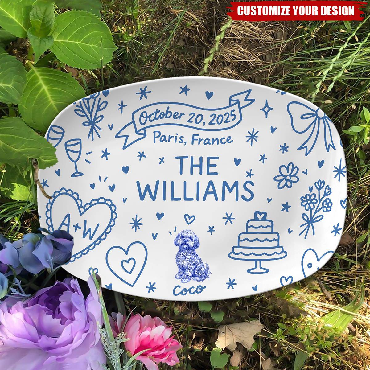 Custom Wedding Platter – Personalized Couple Gift with Names, Dog, Date & Location