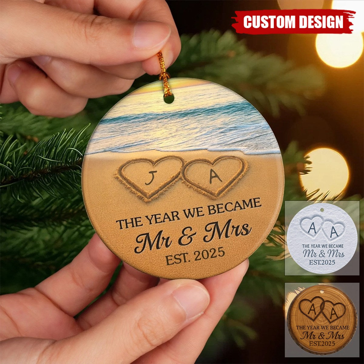 Custom Ceramic Ornament - Personalized Anniversary Christmas Wedding Gifts For Husband And Wife, Him And Her - Our Happily Ever After, Set In Sand