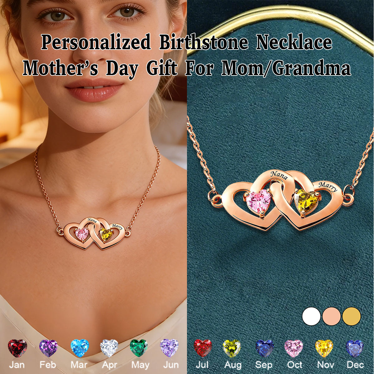 Personalized Two Heart Birthstone Heart Necklace-Mother's Day Gifts for Women Mom Grandma Wife