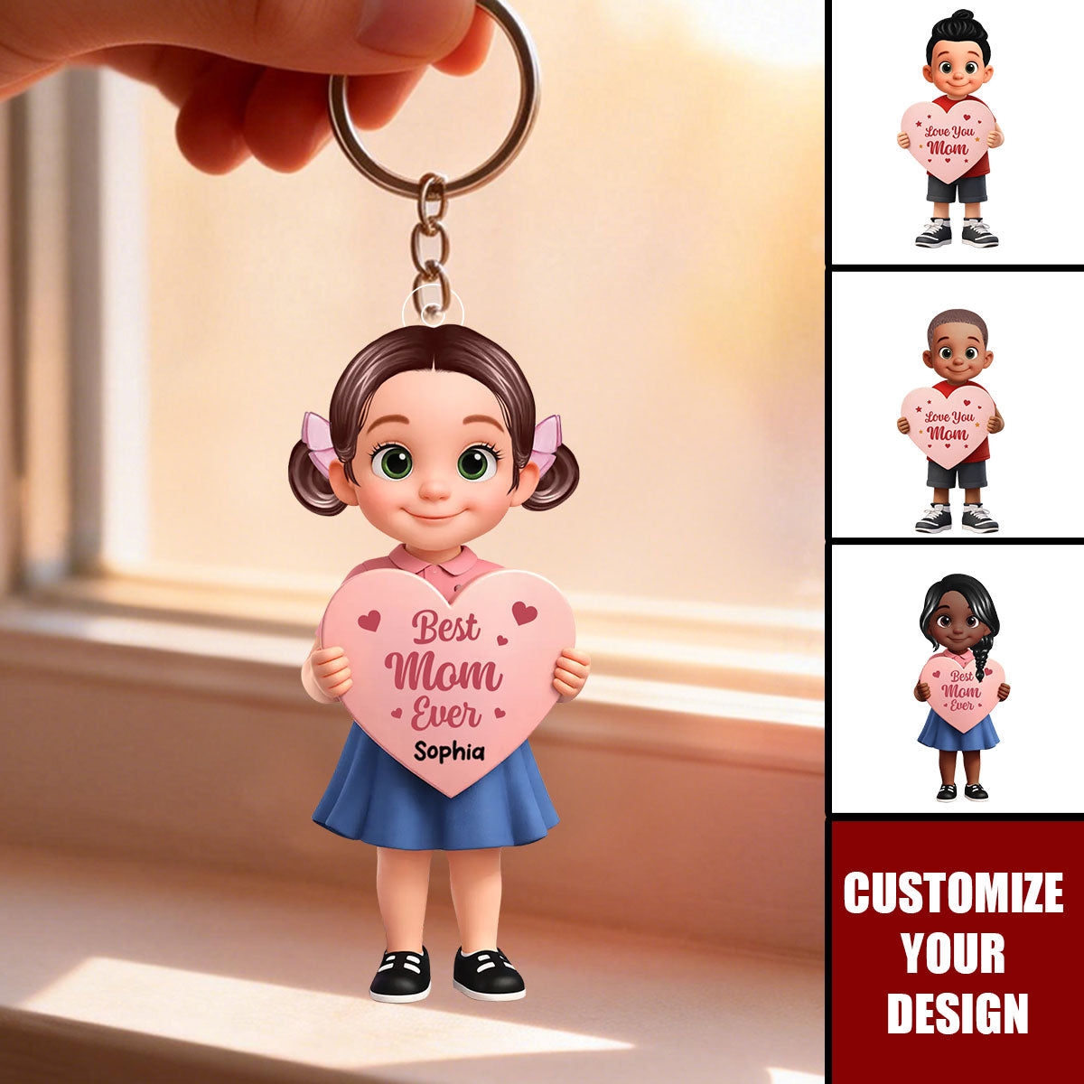 Kid Holding Heart - Personalized Acrylic Keychain - Mother's Day Gift for Mom, Wife