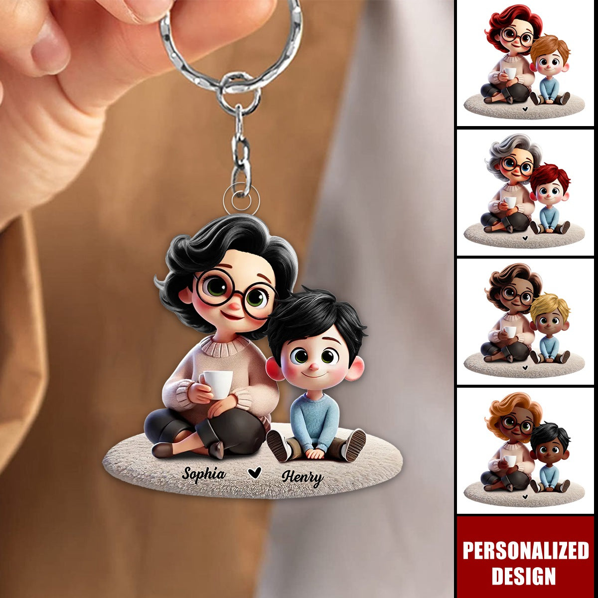 Happy Grandma & Grandkid Sitting-Personalized Keychain-Gift For Mom, For Grandma
