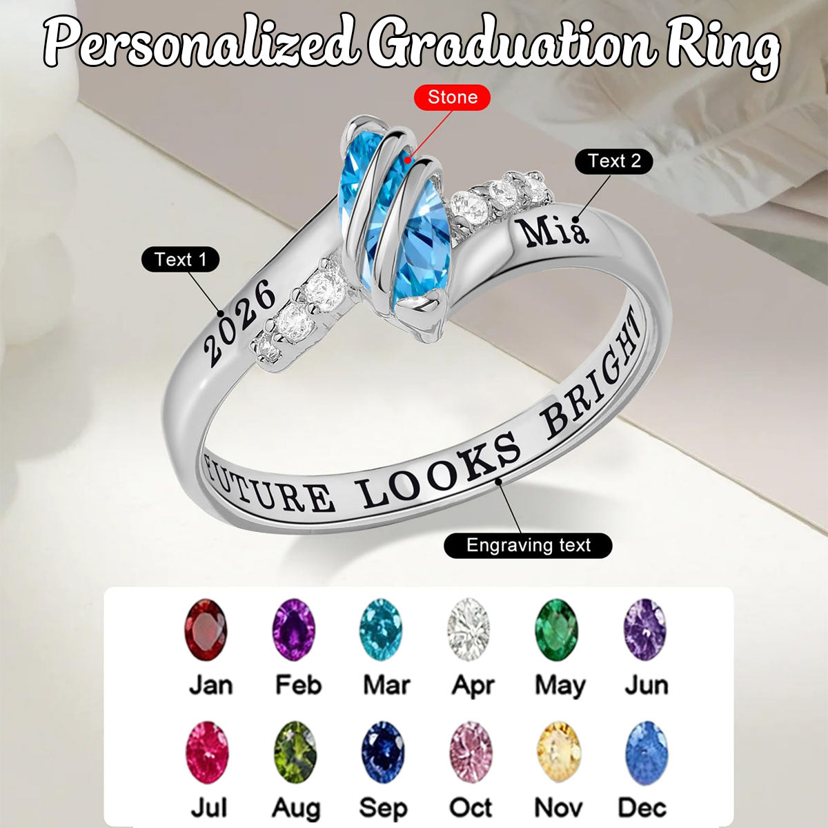 Personalized Engraved Birthstone High School Class Ring, Bypass Opening CZ Stone Ring for Graduates