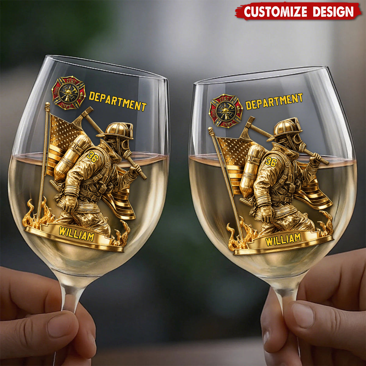 Personalized Proud Firefighter American Glass - Custom Wine Glass With Long Stem For Fireman