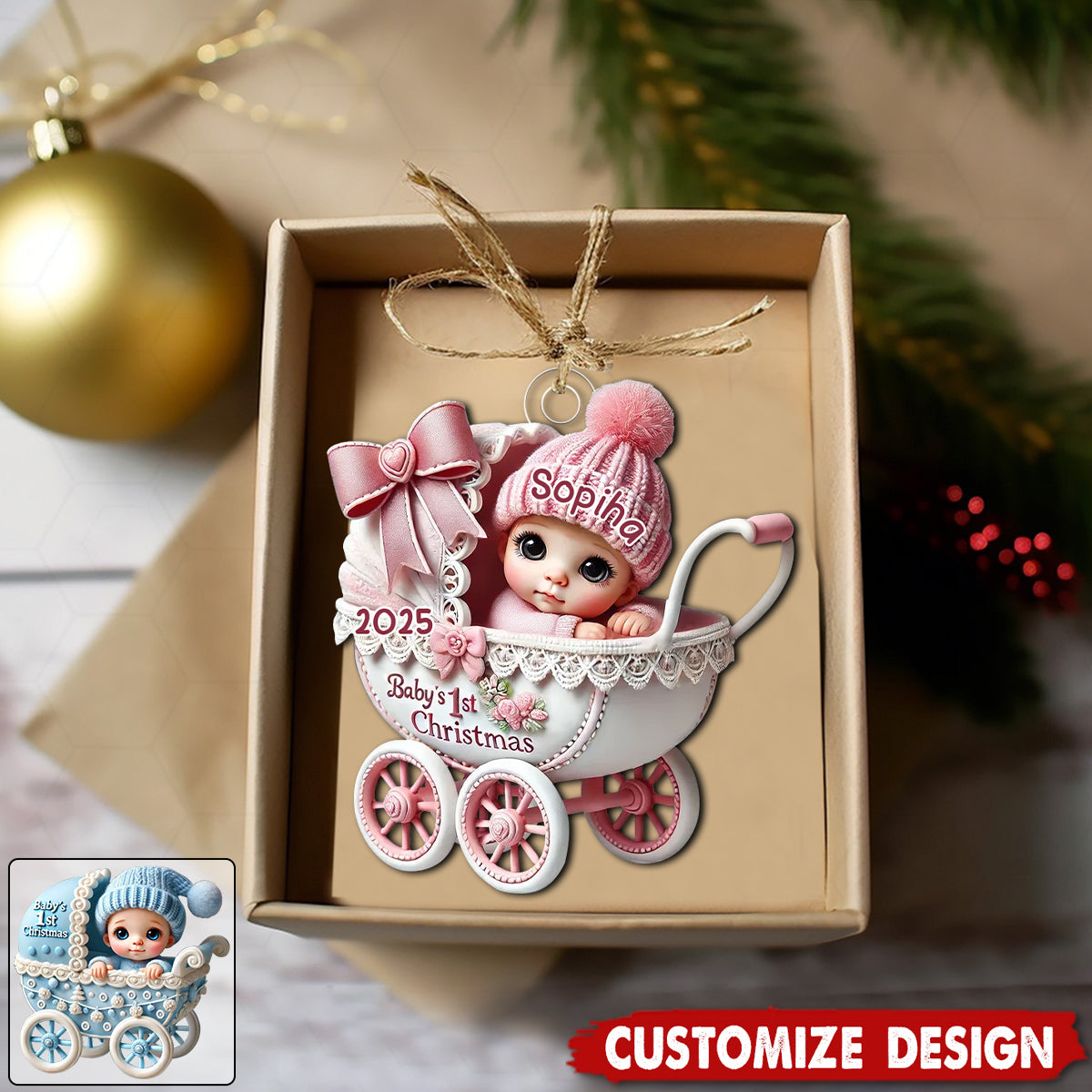 Newborn Baby In Carriage Christmas Personalized Acrylic Ornament
