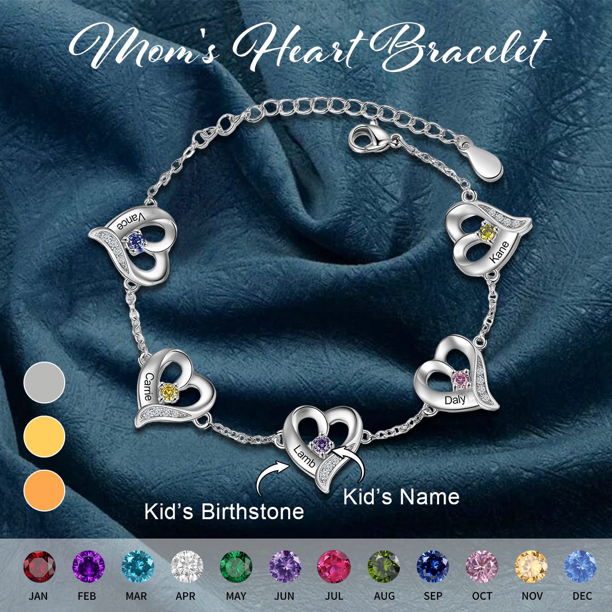 Personalized Heart Bracelet With Birthstones-Gift For Mom Grandma