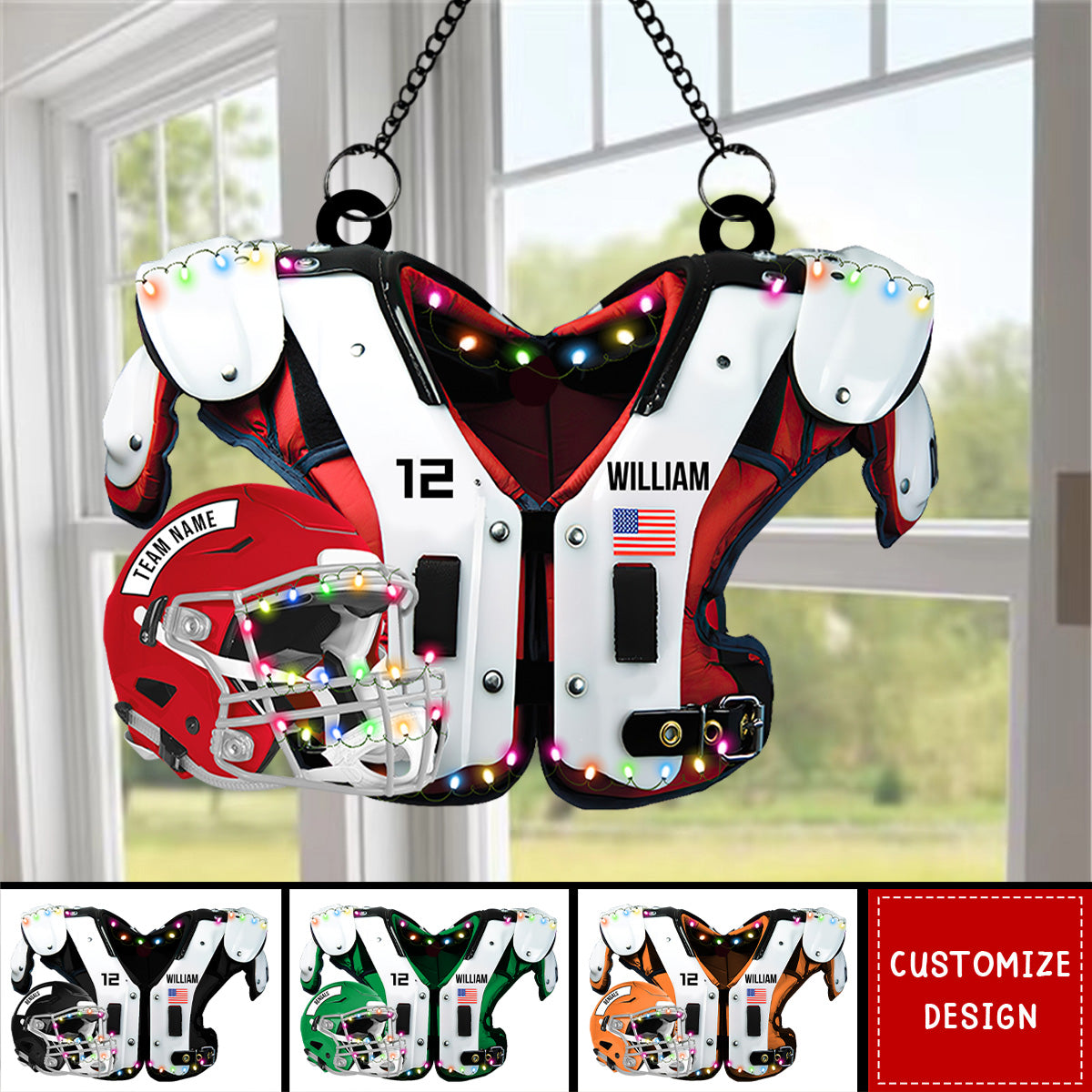 Personalized American Football Shoulder Pads And Helmet Window Hanging Suncatcher Ornament - Gift For American Football