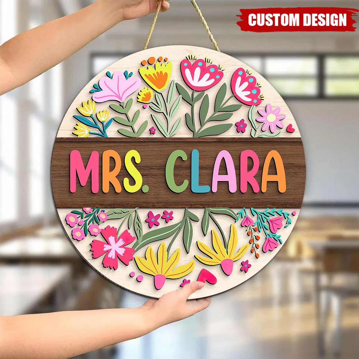 Teacher Flower Pattern - Personalized Shaped Wood Sign, Back To School Gift