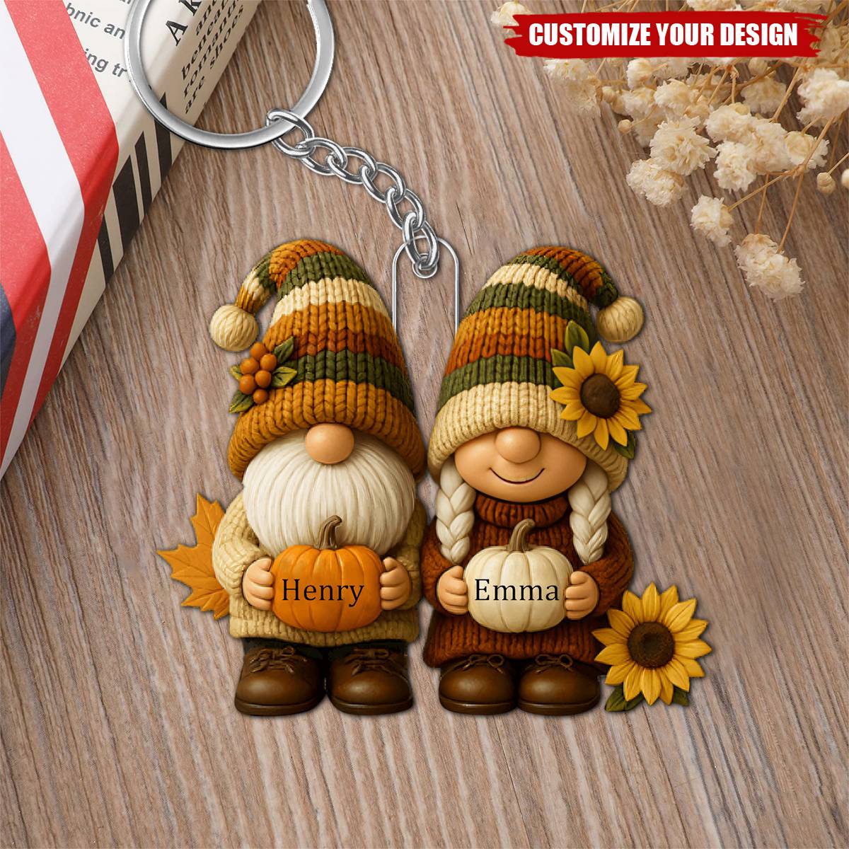 Growing Old Together, Couple With Sunflowers And Pumpkins Keychain, Gift For Couples And Grandparents