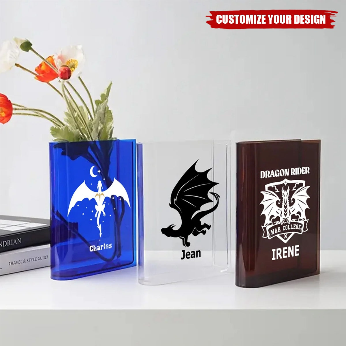 Personalised Cool Flying Dragon Pattern Clear Bookend Vase with Name, Gift for Mom Grandma Book Lovers