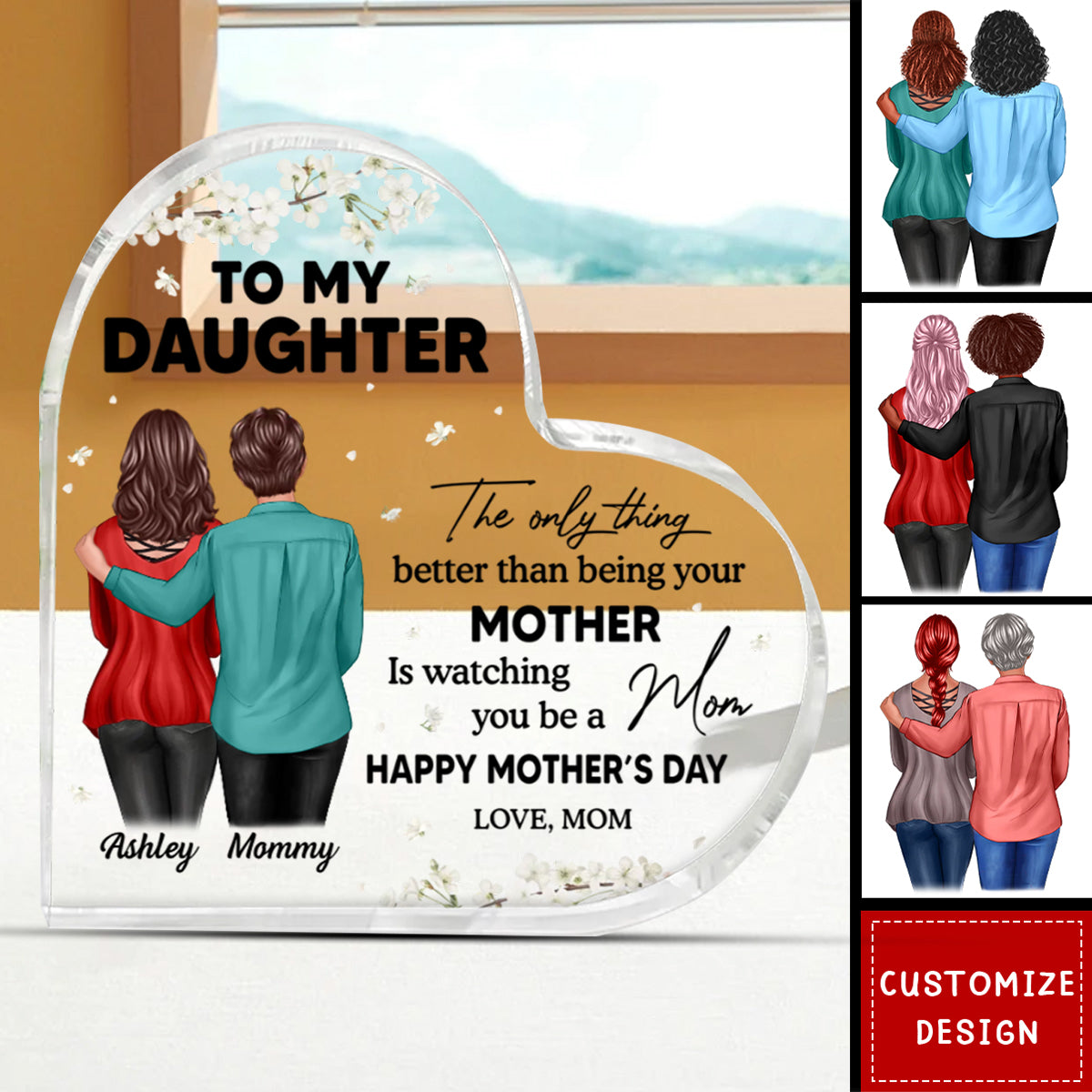 To My Daughter From Mom Happy Mother's Day Floral Personalized Heart Acrylic Plaque