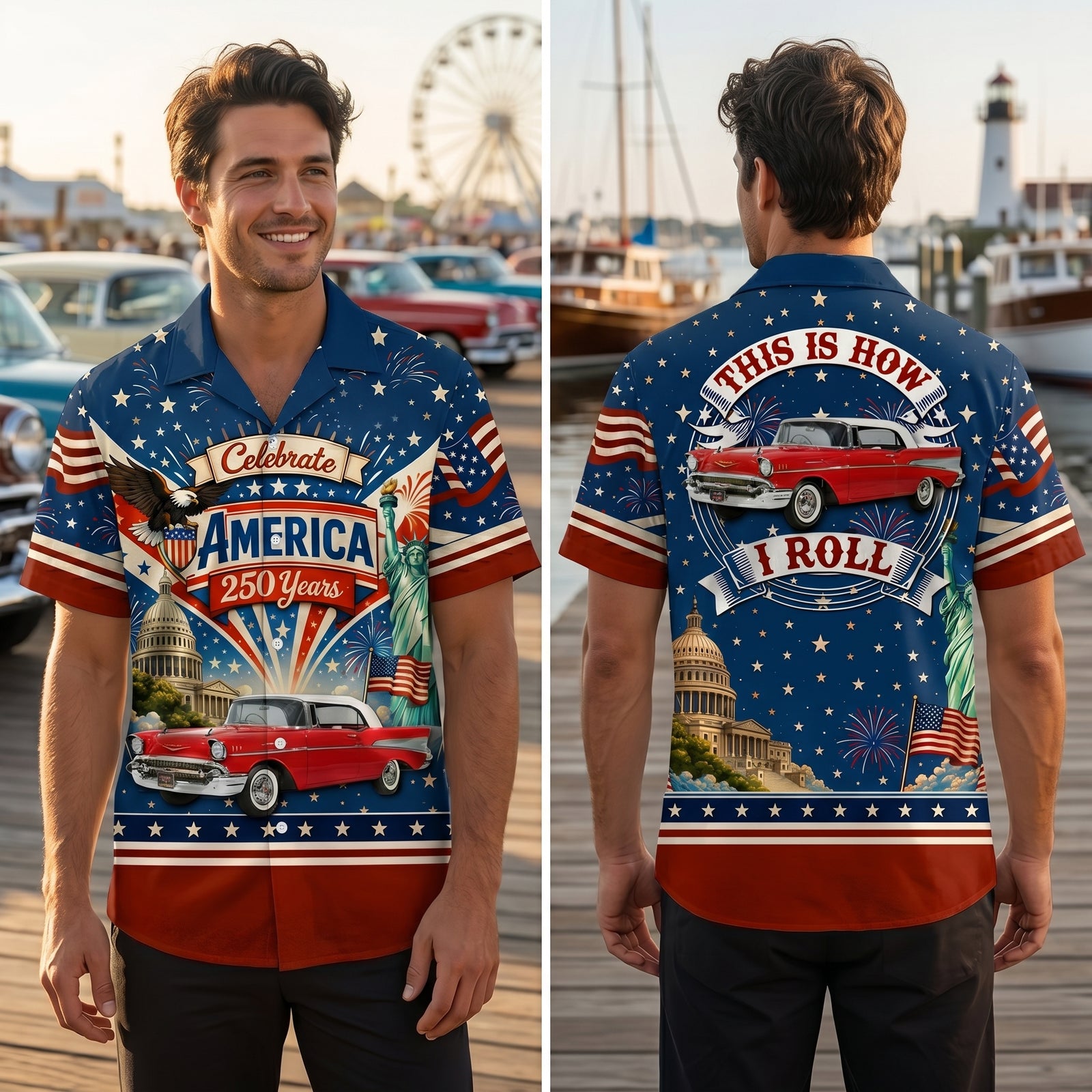 Celebrate America 250 Years - This Is How I Roll - Personalized Classic Car Photo Hawaiian Shirt - Gifts For Dad, Grandpa, Family