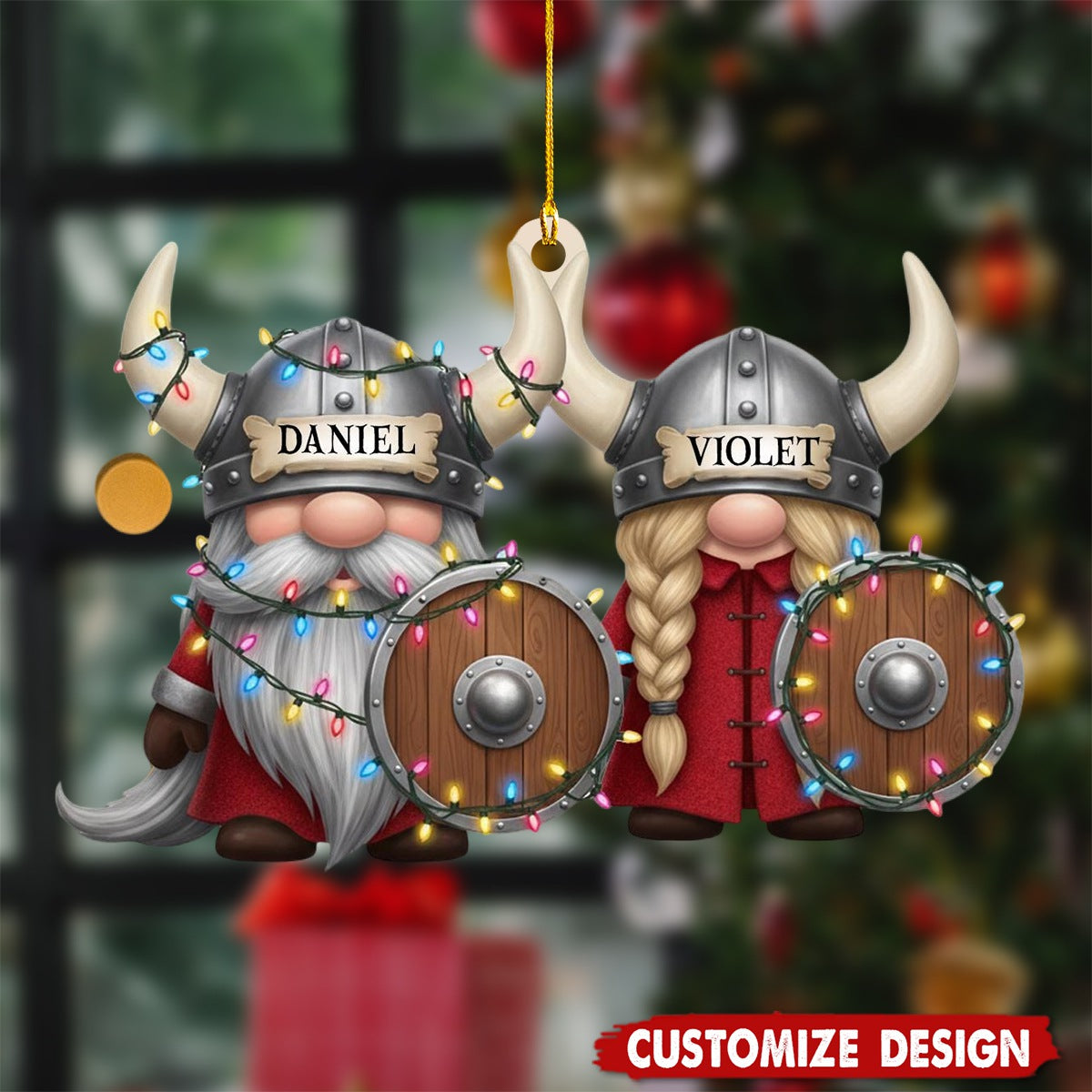Custom Viking  Christmas Ornament – Personalized Name Nordic Couple Decoration with Helmets & Shields, Cute Holiday Tree Gift