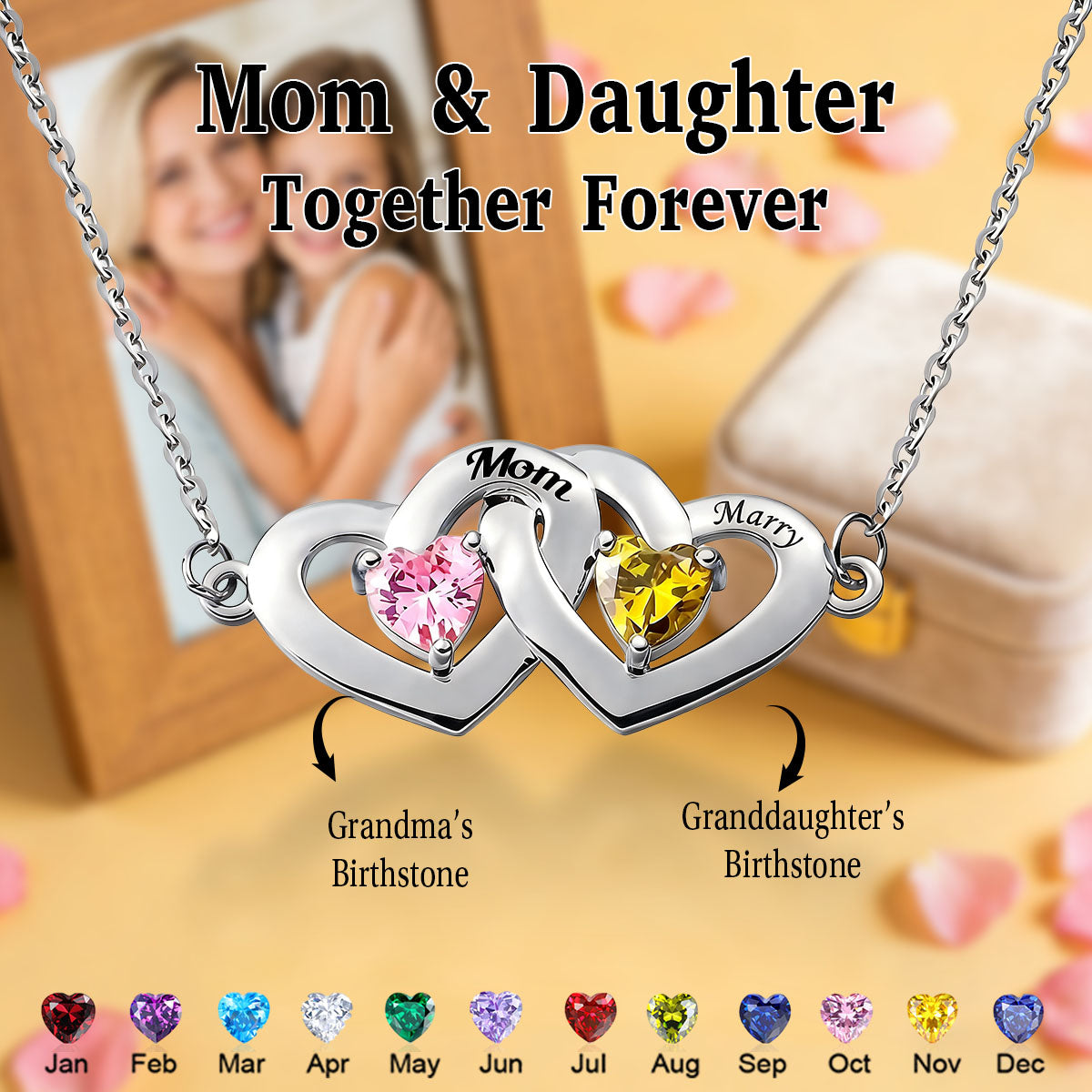 Personalized Two Heart Birthstone Heart Necklace-Mother's Day Gifts for Women Mom Grandma Wife