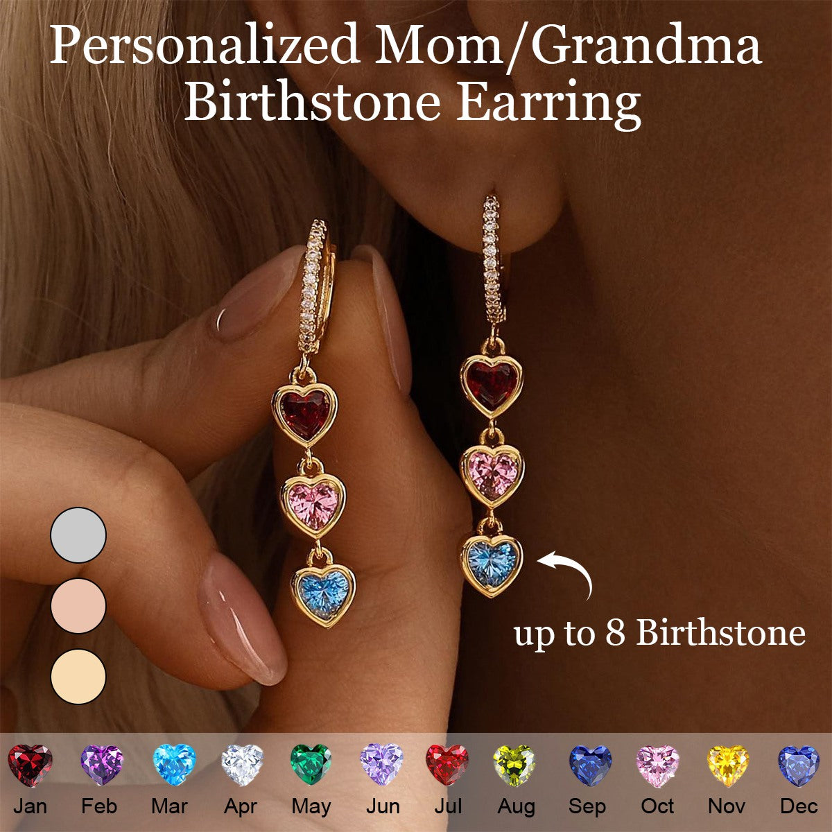 Personalized Heart Birthstone Dangle Hoop Huggie Earrings-Mothers Day Gift