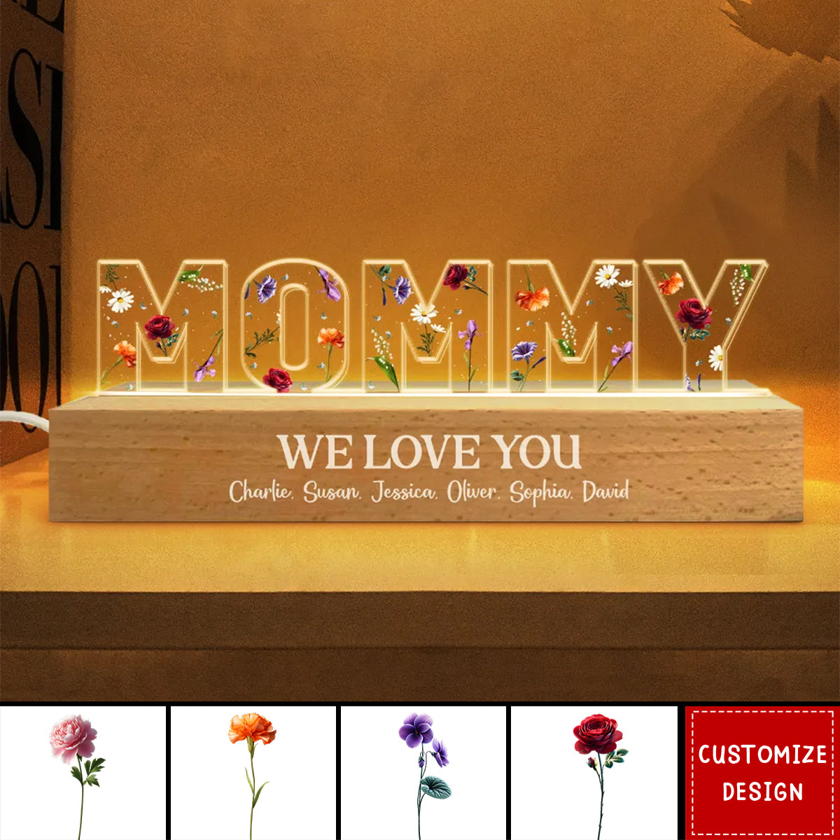 Mommy Birth Month Flowers Personalized Name LED Night Light-Gift For Mom