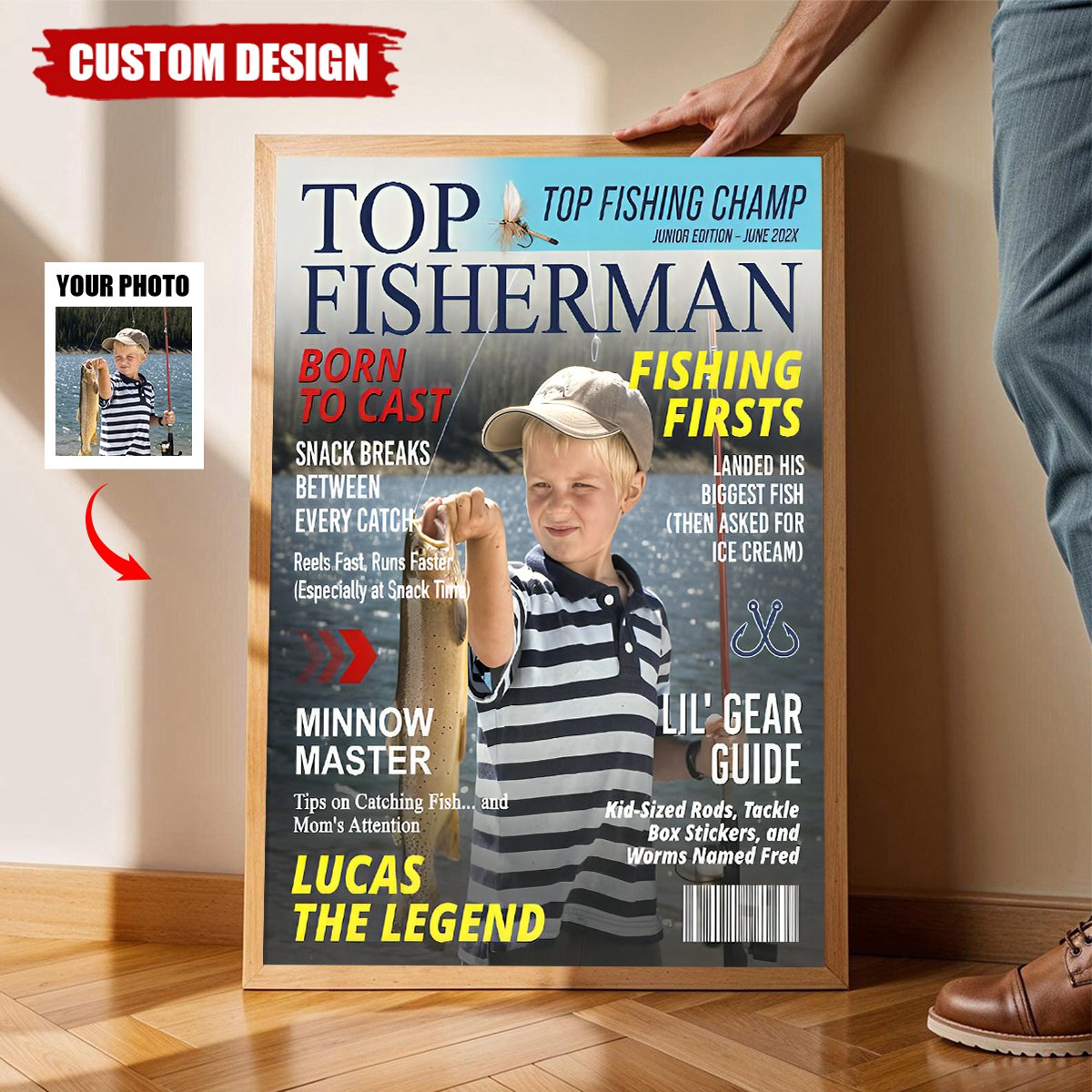 Custom Kids Fishing Magazine Cover Poster, Fishing Gifts for Boys, Fishing Gift for Son, Grandson, or Young Angler, Personalized Fisherman Gift