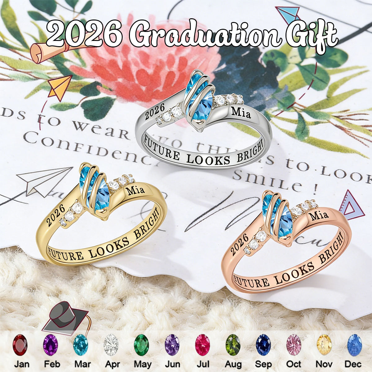 Personalized Engraved Birthstone High School Class Ring, Bypass Opening CZ Stone Ring for Graduates