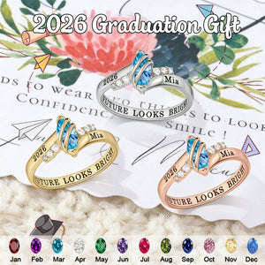 Personalized Engraved Birthstone High School Class Ring, Bypass Opening CZ Stone Ring for Graduates