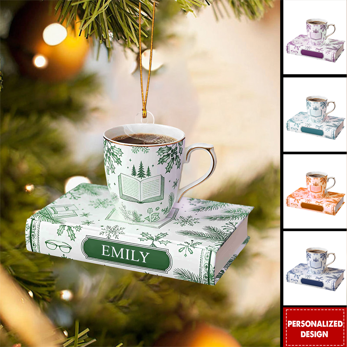 Personalized Book and Coffee Ornament-Gift for Book Lover