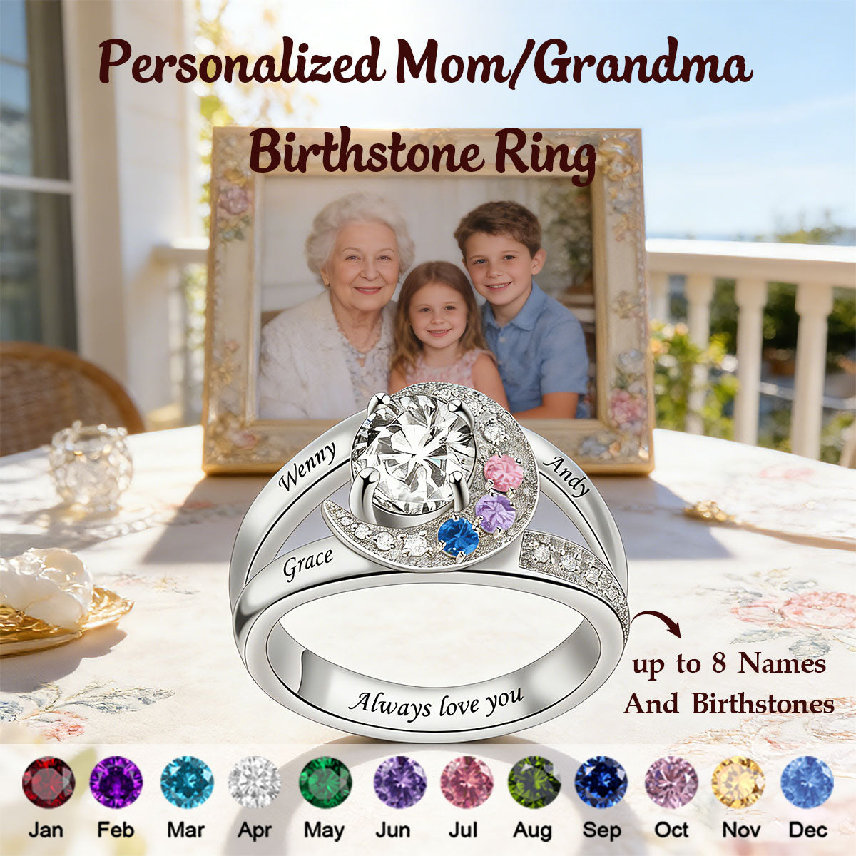 Personalized Birthstone Rings With 1-8 Birthstones-Gifts for Mother Grandma