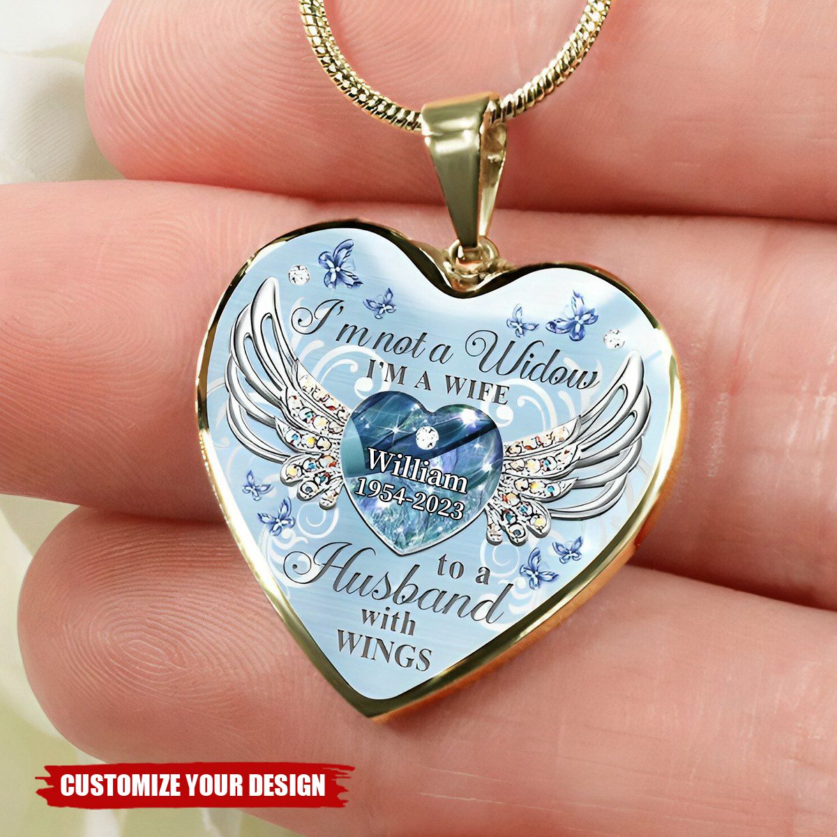 Memorial Butterfly My Husband Has Wings Personalized Heart Necklace, Memorial Jewelry Loss Of Loved One