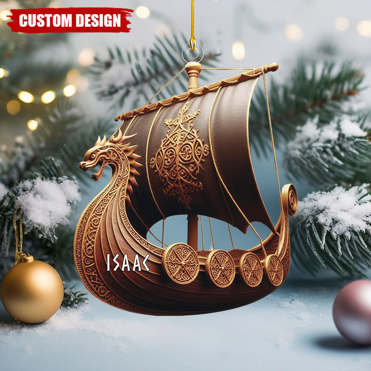 Viking Ship Ornament, Personalized Norse Longship Christmas Decoration, Nordic Mythology Gift