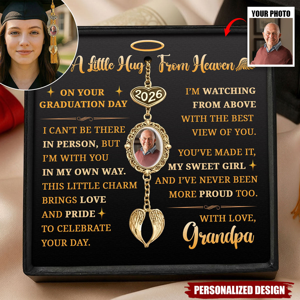 I’m In Heaven But I Won't Miss This Day-Personalized Graduation Tassel Photo Charm With Angel Wing