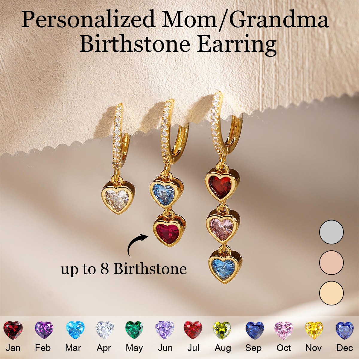 Personalized Heart Birthstone Dangle Hoop Huggie Earrings-Mothers Day Gift