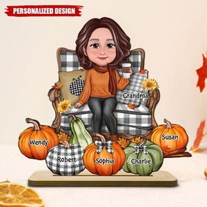 Sitting On Chair Pumpkins Personalized 2-Layer Wooden Plaque, Fall Season Decor, Gift For Grandma