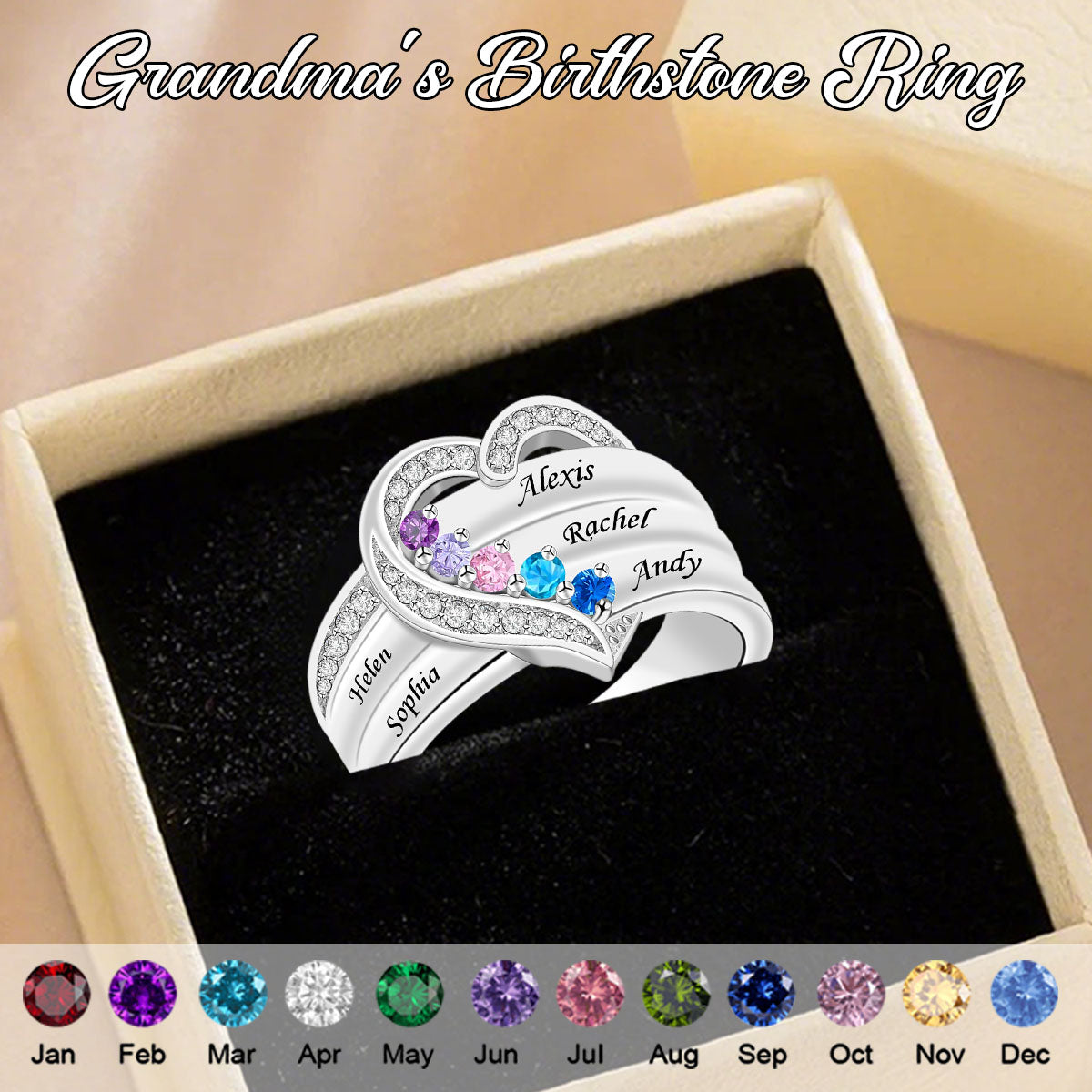 Personalized Heart Birthstone Ring, Family Ring for Her Love Heart-Mothers Ring with 1-8 Birthstones