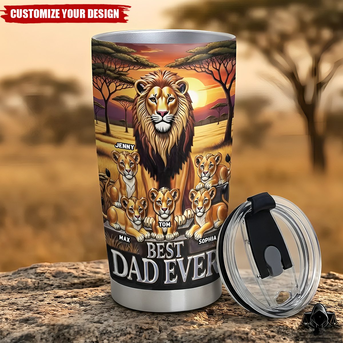 Bold Lion Best Dad Ever Personalized Name Tumbler, Father's Day Gifts