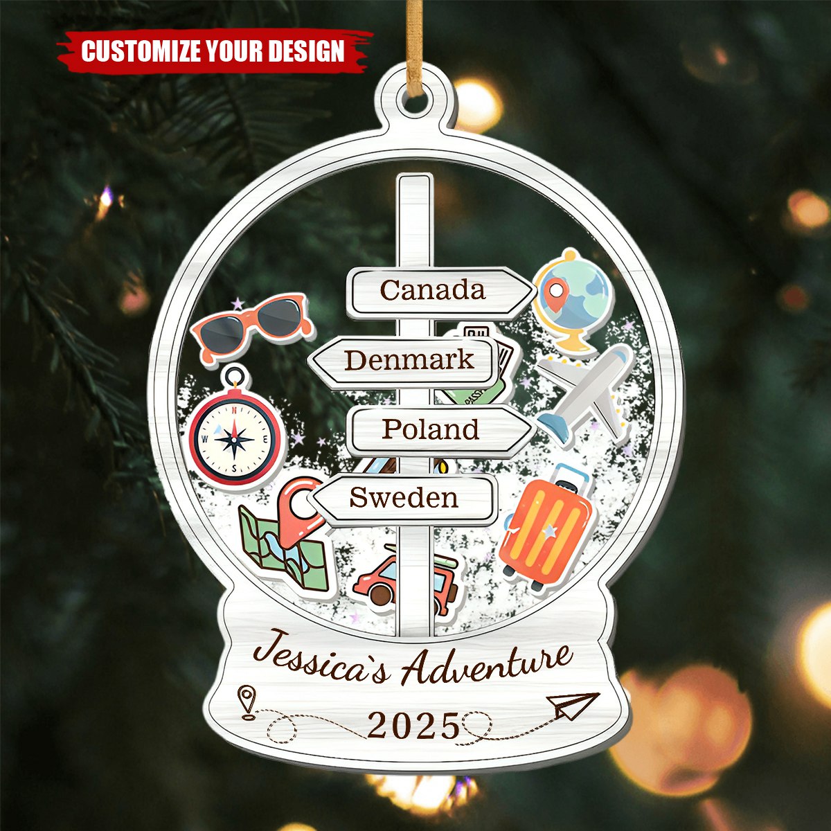 Personalized Travel Adventure Shaker Ornament, Travel Shaker Keepsake Ornament