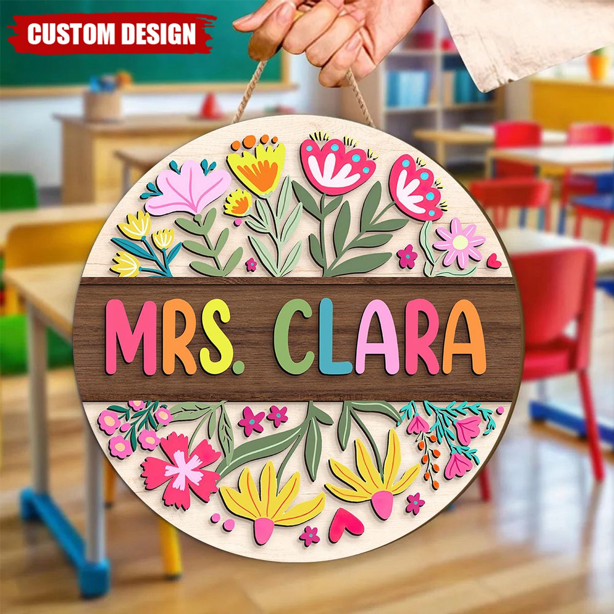 Teacher Flower Pattern - Personalized Shaped Wood Sign, Back To School Gift