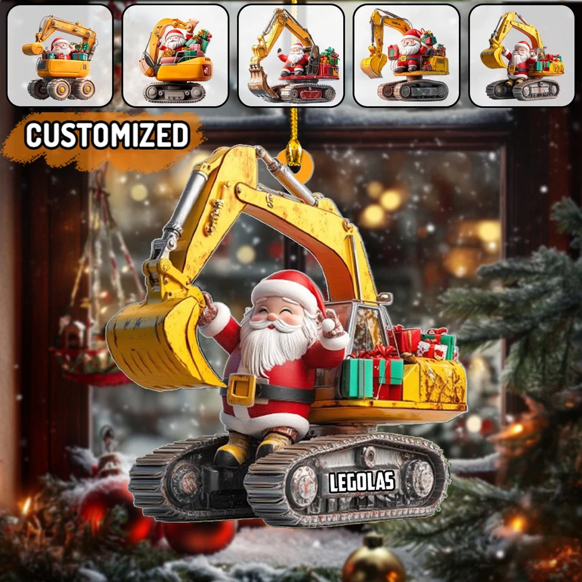 Santa Little Excavator Is On Duty Personalized Name Shaped Ornament