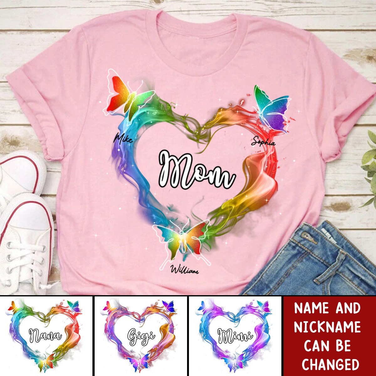 Grandma Mom Colorful Smoke Heart Butterflies Personalized Shirt