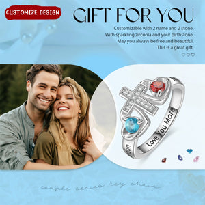 Personalized Cross Rings With 2 Birthstones - Custom Name Faith Promise Rings