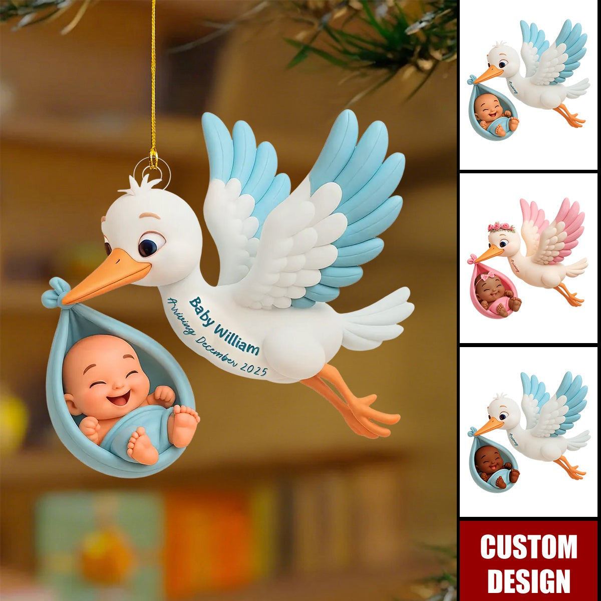 3D Effect Cute Stork And Baby Personalized Acrylic Ornament, Heartfelt First Gift for Pregnant Mom