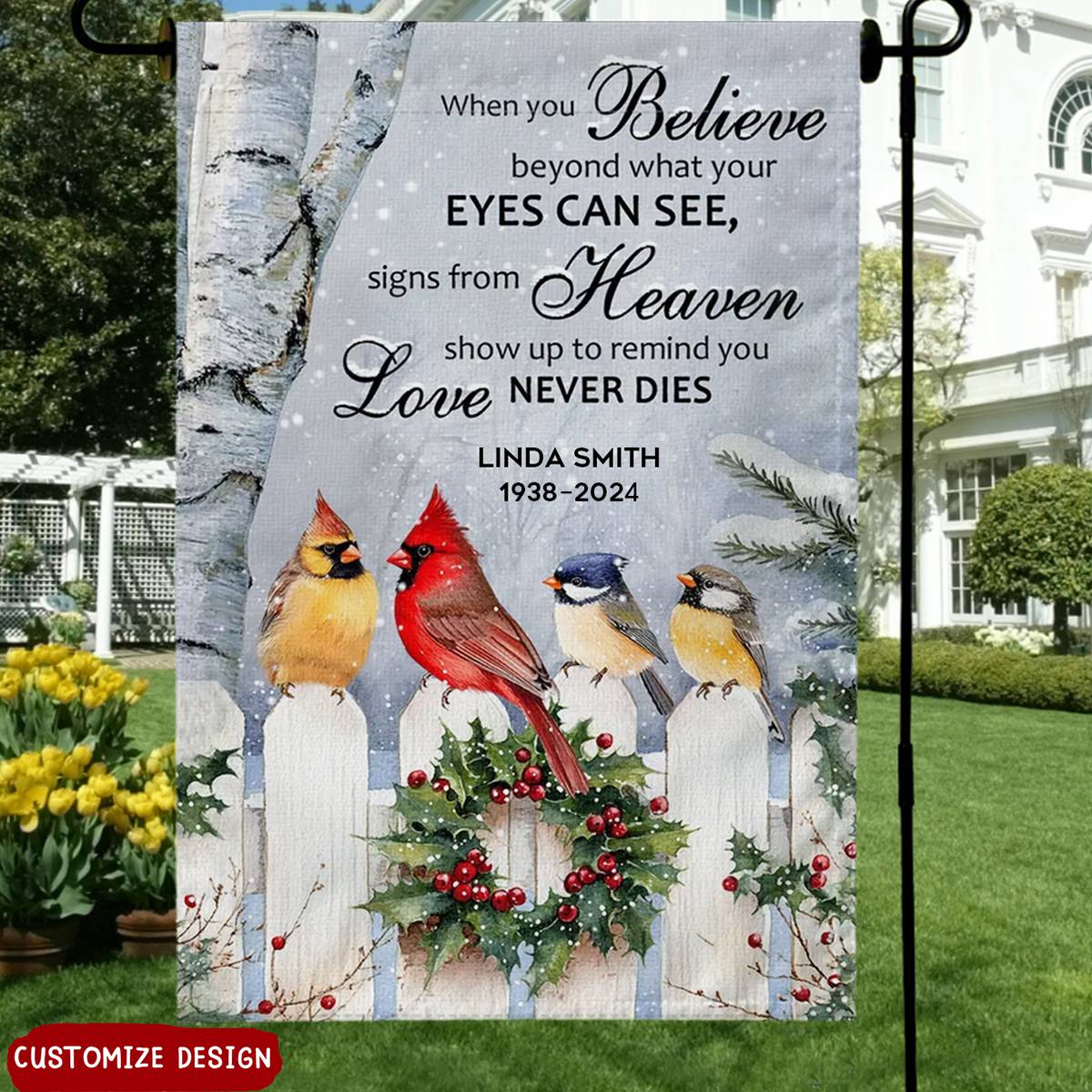 Love Never Dies - Personalized Memorial Cardinal Garden Flag